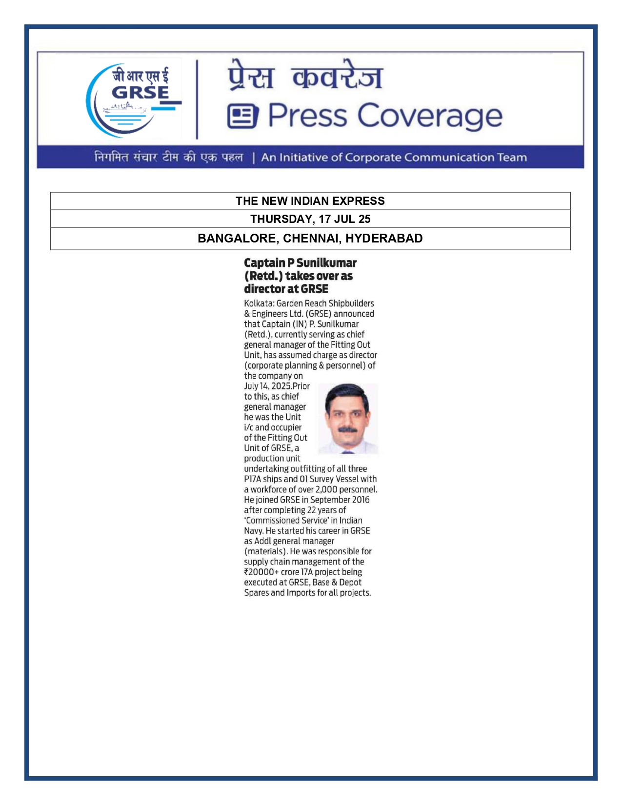 Press Coverage :  Capt P Sunilkumar (Retd) takes charge as Director  at GRSE Ltd